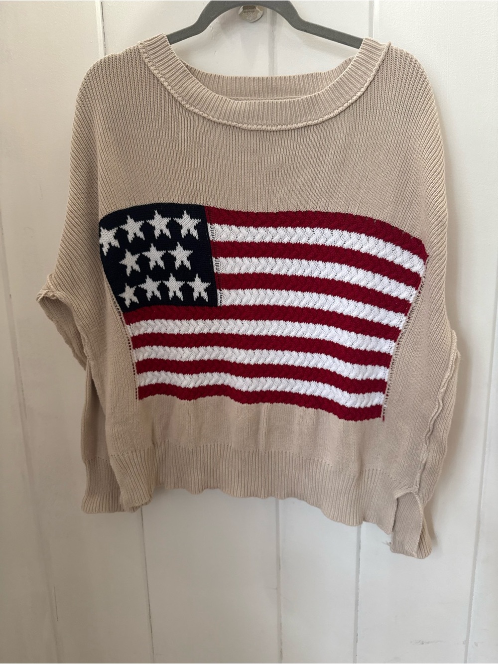 Miracle Beige Knit Sweater with Red White and Navy Flag Motif
